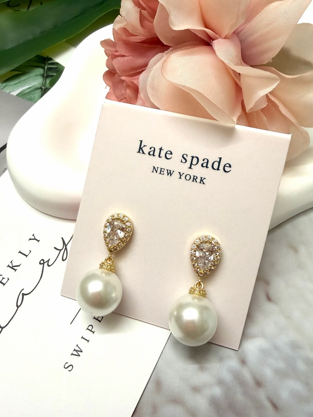 kate spade Gold Teardrop CZ & Pearl Drop Earrings - Cream